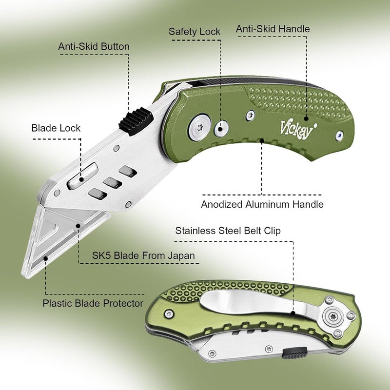 Vickay Folding Utility Knife, Box Cutter with 5 SK5 Quick Change Blades, Safety Axis Lock Design Razor Knife, Lightweight Aluminum Handle Belt Clip for Office Home Artcraft (Olive Green) - Image 3